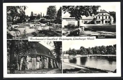 AK Bispingen /Soltau, Rieckmann`s Gasthof, Garten, Kirche aus dem 12. Jahrh., Schwimmbad