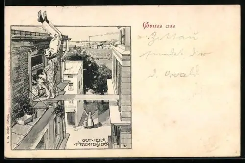 AK Turner im Handstand küsst eine Frau an einem Fenster