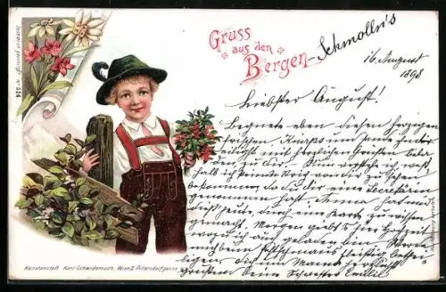AK Junge in Tracht mit Blumenstrauss beim Bergsteigen