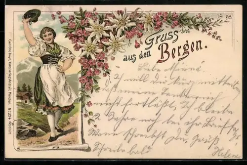 AK Junge Frau in Tracht beim Bergsteigen