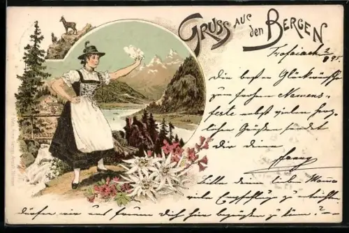 AK Junge Frau in Tracht beim Bergsteigen mit Gebirgspanorama