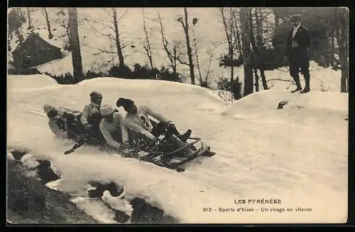 AK Bobrennen mit vier Männern in den Pyrenäen