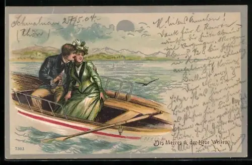 Lithographie Mann und Frau in einem Ruderboot