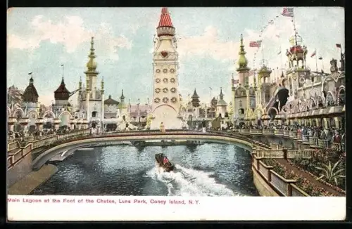 AK Coney Island, N.Y., Luna Park, Main Lagoon a the foot of the chutes