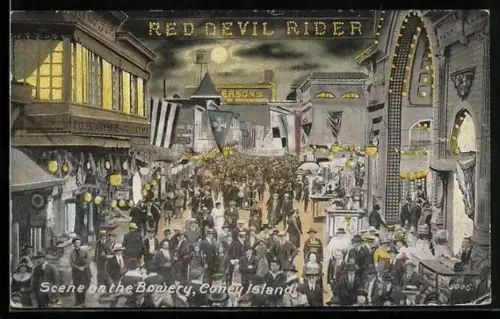 AK Coney Island, N.Y., Scene on the Bowery at night