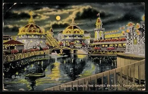 AK Coney Island, N.Y., Lagoon and chute, the chutes by night