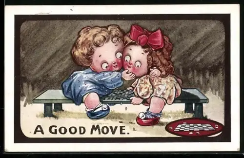 AK Zwei Kinder beim Damespiel