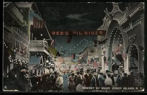 AK Coney Island, N.Y., Bowery by night