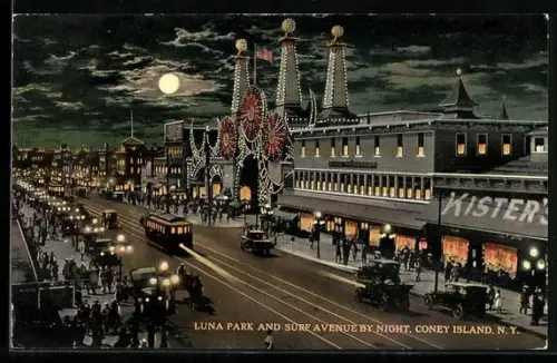 AK Coney Island, N.Y., Luna Park and Surf Avenue by night