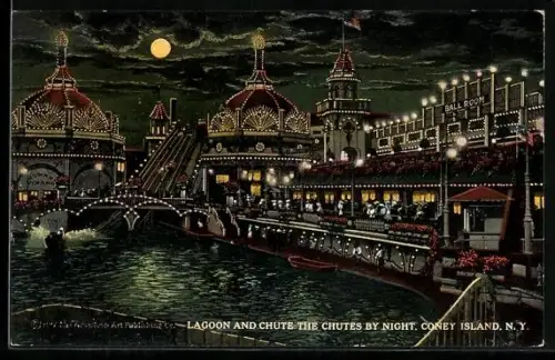 AK Coney Island, N.Y., Lagoon and chute by night