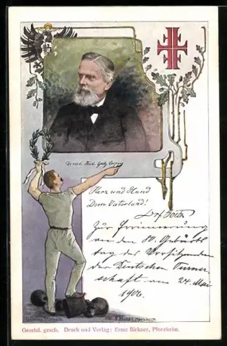 AK Portrait von Ferdinand Goetz mit Wappen der Turnerbewegung