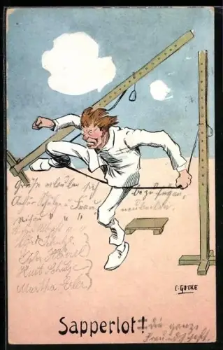 Künstler-AK sign. C. Göcke: Turner bleibt beim Hochsprung hängen
