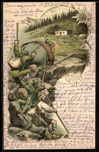 Lithographie Bergsteiger schieben einen dicken Mann