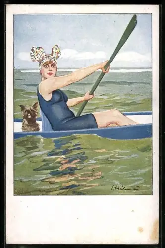 Künstler-AK Ernst Heilemann: Frau in Bademode mit Hund im Ruderboot