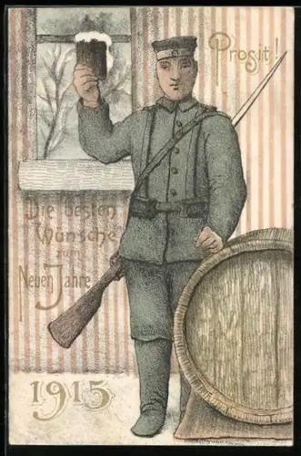 Künstler-AK Neujahrsgruss, Soldat mit Humpen