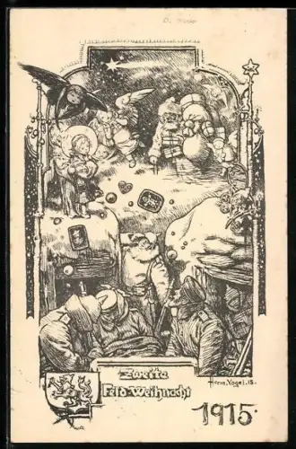 AK Feld-Weihnacht 1915, Soldaten in einem Schützengraben werden von kleinen Engeln beschenkt