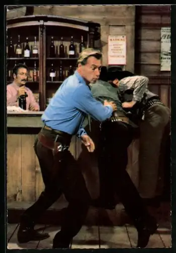 AK Szene aus Winnetou 1 nach Karl May, Lex Barker als Old Shatterhand bei Kneipenschlägerei