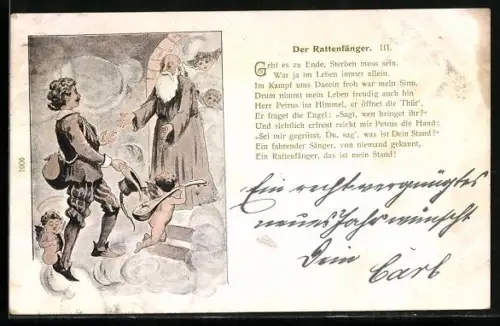 AK Der Rattenfänger wird von Petrus empfangen, Illustration und Strophe zum Sängerfest