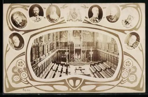 AK Portraits britischer Adliger, angeordnet um die Innenräume des House of Lords