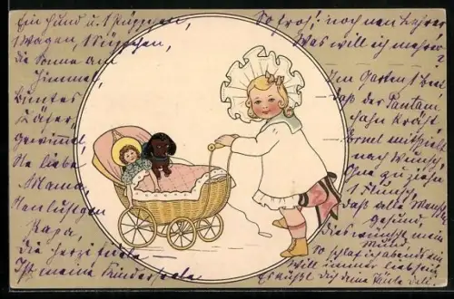 AK Mädchen schiebt einen Kinderwagen mit einer Puppe und einem Hund