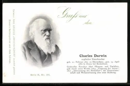 AK Portrait von Charles Darwin mit Kurzbiographie und Errungenschaften