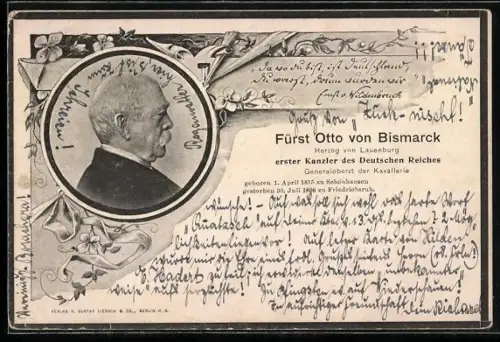 AK Portrait von Otto von Bismarck im Profil mit Kurzbiographie