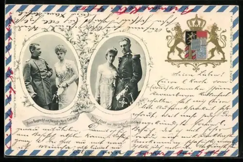 AK Kronprinz Rupprecht von Bayern und Herzogin Marie Gabriele, Prinz Albert und Herzogin Elisabeth von Bayern mit Wappen
