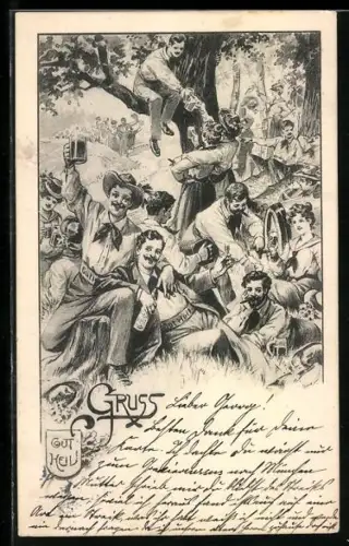 AK Turner mit ihren Frauen bei einem Volksfest im Freien, Gruss Gut Heil