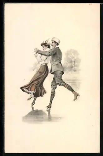 AK Frau und Mann beim gemeinsamen Schlittschuhlaufen