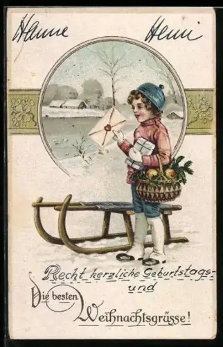 AK Kind mit Schlitten beim Austragen von Weihnachtspost