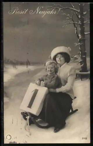 AK Mutter mit Kind auf einem Schlitten, Neujahrsgrüsse zum 1. Januar