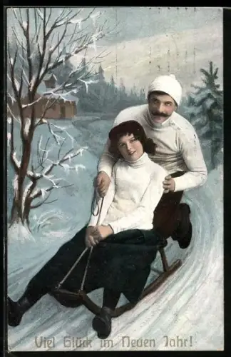 AK Junge Frau und Mann beim gemeinsamen Schlittenfahren, Neujahrsgrüsse