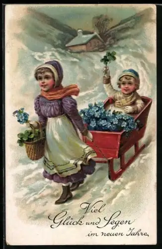 AK Kind wird zum Jahresumbruch in rotem Schlitten gezogen, Neujahrsgrüsse