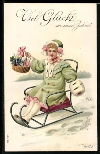 AK Mädchen mit Hermelinmuff auf Schlitten, Neujahrsgruss