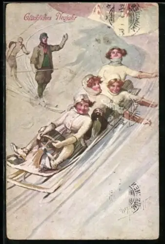 AK Vier Frauen fahren mit lenkbarem Schlitten, Neujahrsgrüsse