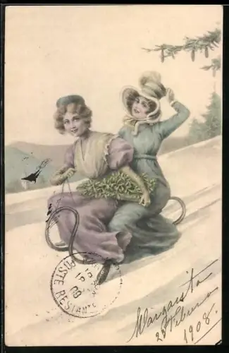 AK Zwei Frauen in eleganter Winterkleidung fahren gemeinsam Schlitten