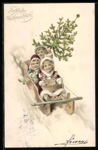 AK Kinder mit Tannenbaum beim Schlittenfahren, Weihnachtsgrüsse