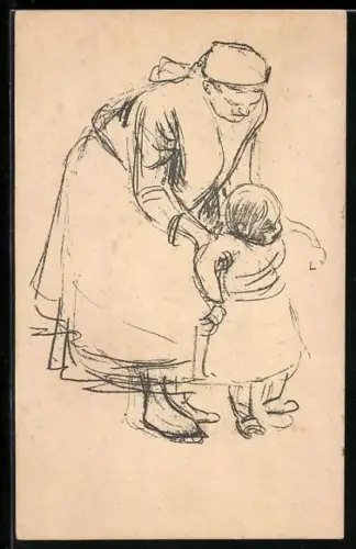 Künstler-AK sign. Kalkreuth: Kinderfürsorge, Mutter hilft der Tochter beim Laufen