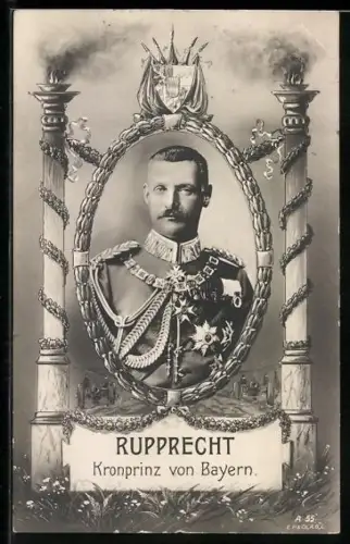 AK Kronprinz Rupprecht von Bayern in Uniform mit Orden, Fackel und Wappen