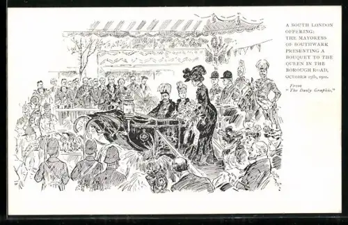 AK The Mayoress of Southwark presenting a bouquet to the Queen of England in the borough road