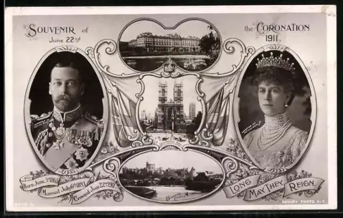 AK Portraits von Georg V. und seiner Gemahlin zur Krönung 1911 mit Windsor Castle