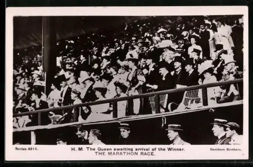 AK The Queen awaiting arrival of the winner of the marathon race