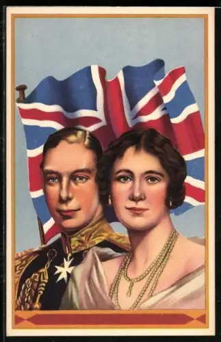 Künstler-AK König George VI. und die Königin von England vor dem Union Jack