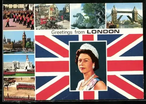 AK London, Königin von England, Garde Kapelle, Houses of Parliament, Buckingham Palace, Piccadilly Circus, Tower Bridge