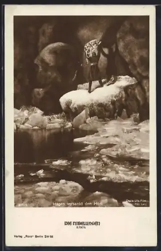 AK Hagen beim Versenken des Horts im Wasser, Die Nibelungen