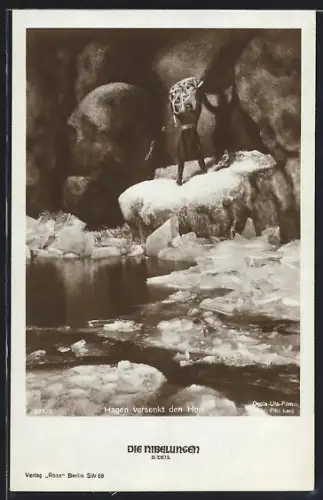 AK Hagen beim Versenken des Horts im Wasser, Die Nibelungen