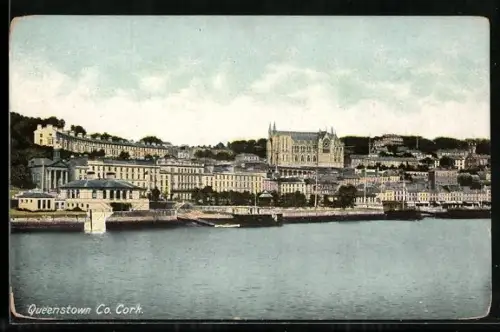 AK Queenstown /Co. Cork, Panorama mit Kirche