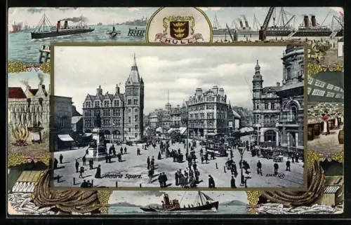 AK Hull, Victoria Square, Strassenbahn, Passepartout