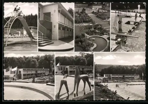 AK Heidenheim an der Brenz, Freibad mit Sprungturm und Pferdeskulpturen