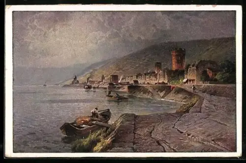 Künstler-AK Rüdesheim a. Rh., Rheinpromenade mit Boot, Burgruine, Weinberge